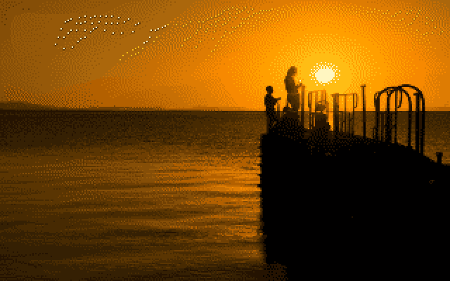 Sunset image on lake converted to Commodore 64 image