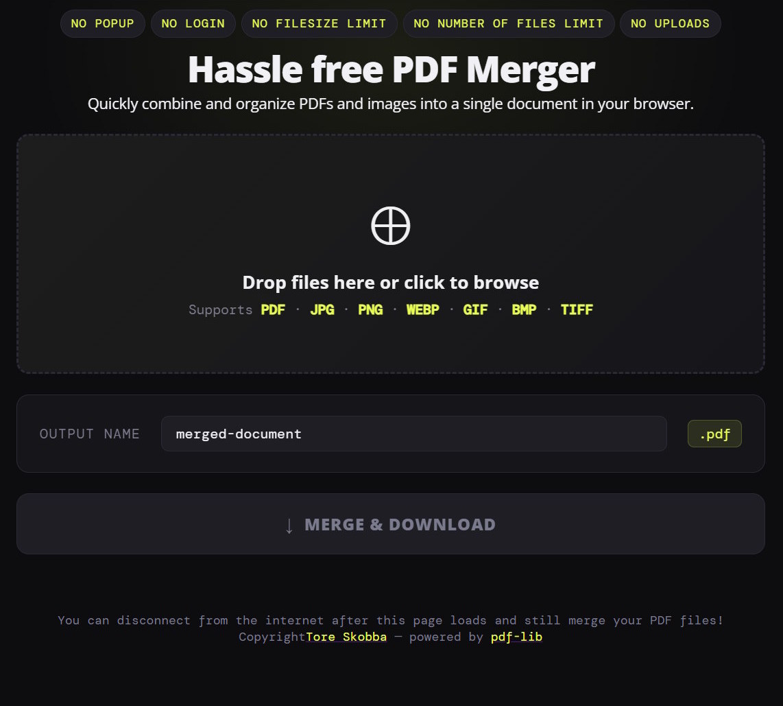 Screenshot of the in-browser PDF Merger showing a drag-and-drop file list ready to merge